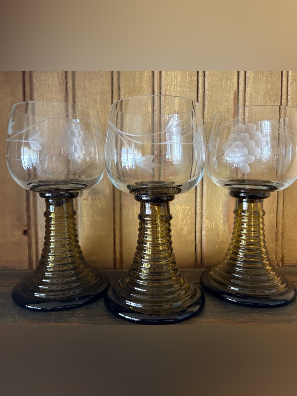 Vintage Roemer Wine Glasses - Set of 3 - Etched Grapes & Beehive Stem